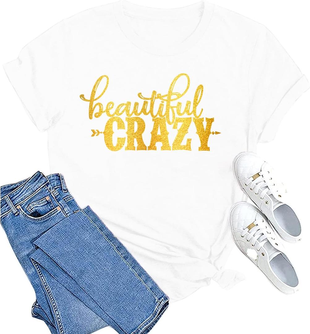 MAIHUN Beautiful Crazy Shirts Women Country Music Tshirt Funny Letter Printed Tee Casual Short Sleeve Tops (White, L)