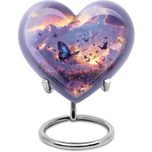 Twilight Butterflies Small Heart Urn for Human Ashes - Decorative Mini Cremation Urns for Adult Man or Woman (3 Inch, 1 Piece) Purple Urn, Funeral Urns - Mini Keepsake Ash Holder - Ashes Keepsake