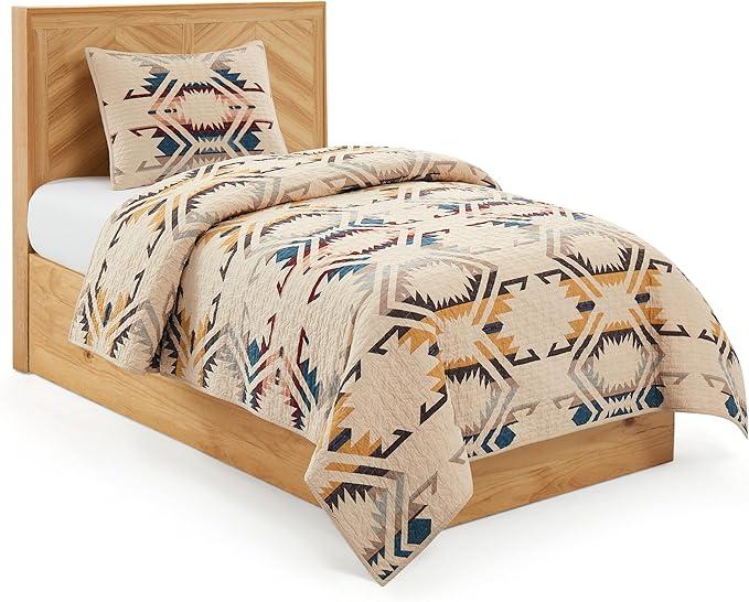 Pendleton White Sands Twin Quilt Bedding Set with 1 Sham Premium Cotton Lightweight Quilted Bedspread Coverlet for Bed Rustic Home Decor Machine Washable, 68-inch x 90-inch, Beige Diamond Print
