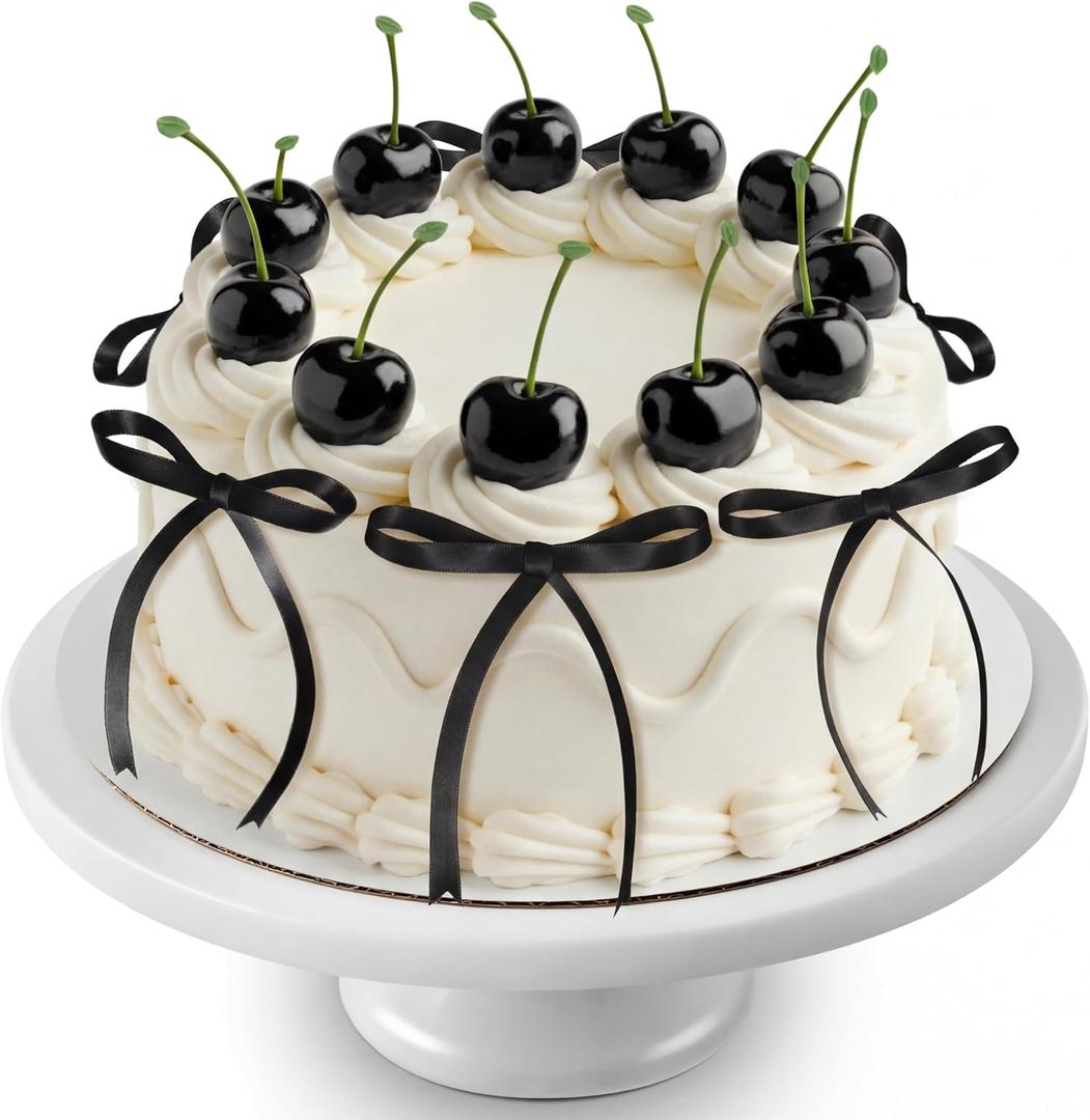 Chunful 24 Pcs Black Cherry Cake Decorations with Black Bows Fake Cherry Cake Toppers Artificial Fruit for Dessert Decor for Birthday, Wedding, Bridal Shower, Baby Shower, Anniversary Party