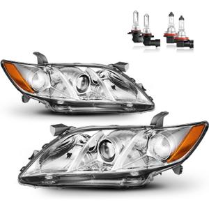Headlights Assembly for 2007-2009 Toyota Camry, Headlights Assemblies for 2007 2008 2009 Toyota Camry US Version Driver & Passenger Side (OE Replacement, Polished Chrome | With High & Low Beam Bulbs)