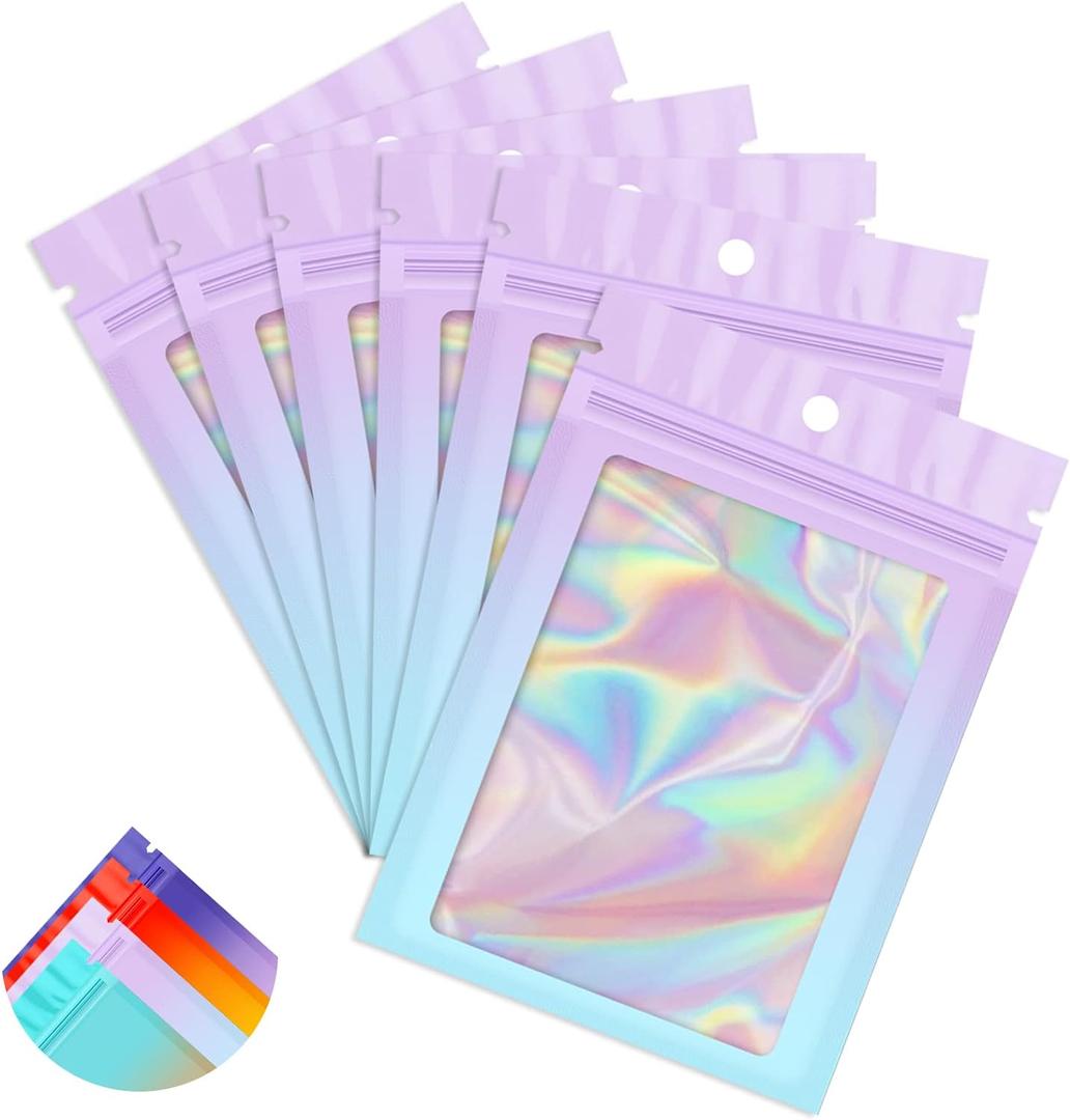 Funfery 100 Pack Gradient Holographic Bags,2.73.9In Mylar Resealable Bags with Zipper,Clear Window Packaging Pouch,Smell Proof Foil Bag for Food Storage,Sample Jewelry Baggies(Purple Blue)