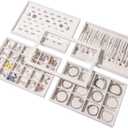 Coward Set of 5 Stackable Jewelry Organizer Tray Necklace Earring Box Storage Ring Bracelet Display Holder (beige(ring+necklace+12girds+24girds+The glass lid))
