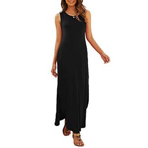 Hount Summer Beach Dresses for Women 2026 Cotton Sleeveless Slit Tank Maxi Dresses with Pockets Black Large