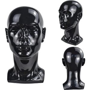 Male Mannequin Head PVC Professional Male Head Model Training Head Display for Wigs Hat Mask Scarf Sunglasses with Mount Hole (Bright black)