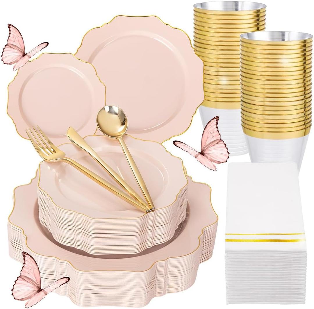 WDF 175Pcs Pink Plastic Plates - Pink and Gold Plates Disposable 25guest Plastic Dinnerware Ideal for Tea Party/Bridal Shower/Wedding/Baby Shower/Fall Pumpkin Baby Shower