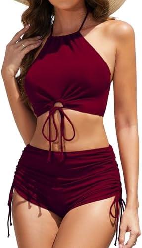 Sucrefas Women High Waisted Shorts Bikini Sets Tummy Control Swimsuit Two Piece Halter Drawstring Bathing Suit S