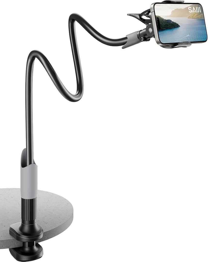 SAIJI Gooseneck Bed Phone Holder, Flexible Long Arm Phone Mount for Desk, Clip Bracket Clamp Stand, iPhone Stand, Mobile Cell Phone Stand Document Camera Nintendo Switch (Black) (33.5 in)