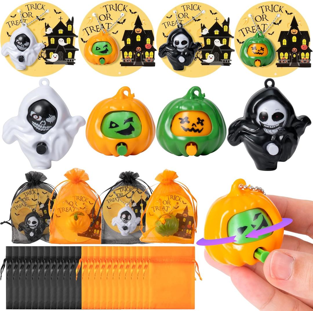 CY2SIDE 24 Pack Halloween Pumpkin Ghost Face-Changing Toys with Greeting Cards for Kids Classroom Exchange, Haunted House Trick or Treat Gift Cards and Halloween Keychains Gifts Ornament Party Favors