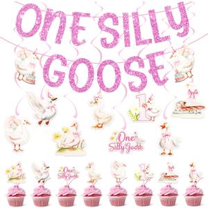 One Silly Goose 1st Birthday Party Decorations Hanging Swirl One Silly Goose Banner Cupcake Toppers for Girls Pink Silly Goose Birthday Party Supplies