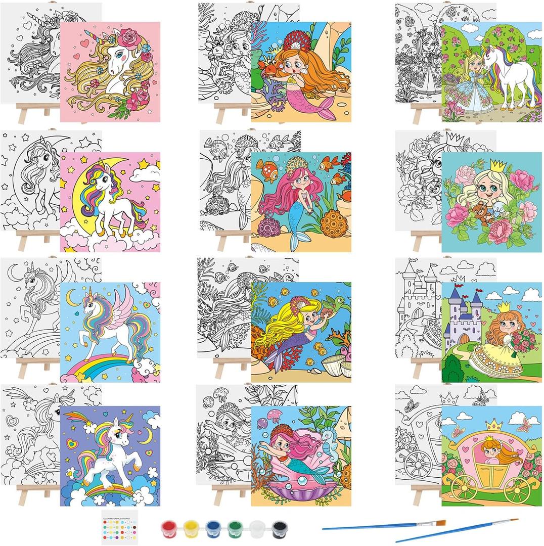 Tenceur 12 Sets Pre Drawn Canvas to Paint Kid Adult Stretched Coloring Painting Canvas Panels with Design Easel and Brushes for Party Supplies Beginner Favor(Unicorn)