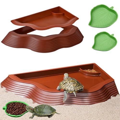 Tortoise Water Bowl with Ramp, 3PCS Leaf Reptile Food Water Bowl Turtle Pool Reptile Water Dish Tortoise Bathing Pool Turtle Soaking Dish Aquarium Habitat Accessories Small