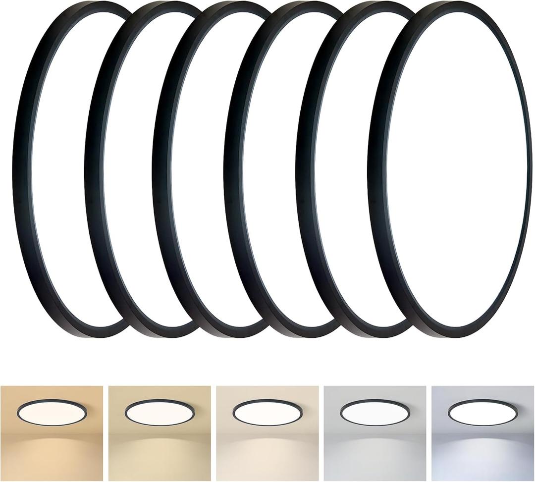 Huguzili 6PK 15.8inch LED Flush Mount Ceiling Light, 32W, 3520LM, 2700K/ 3000K/ 4000K/ 5000K/ 6500K CCT Selectable, Super Slim Low Profile LED Ceiling Light for Bedroom, Kitchen, Hallway, Living Room, Black