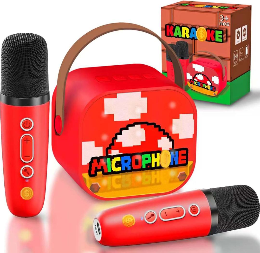Pixel Super Bro Birthday Party Decoration Toys mini Karaoke Machine for Kids Boys Toys Age 4-6 Toys for Boys Birthday Gifts for 4 5 6 7 8 9 10 Years Old Boy Toys Age 6-8 with 2 Microphones