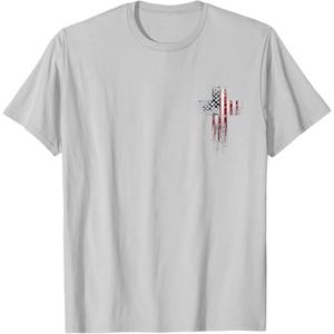 American USA Flag Christian Cross T-Shirt Silver Gray Large