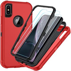 SunStory Compatible with iPhone Xs/X Case with HD Screen Protector, 3-Layer Heavy Duty Full-Body Cover,3 in 1 Hybrid Protective Case for iPhone Xs/X 5.8",Red