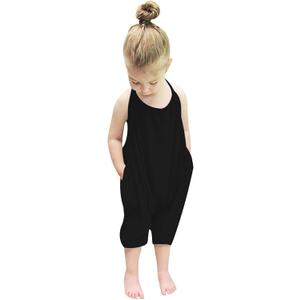 Backless Strap Slouch Jumpsuit for Toddler Girls Cute Harem Halter Romper Pants with Pockets (Black)