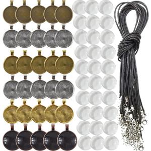 ROYHOO 90PCS Rhinestone Bezel Pendant Trays Set 30PCS Cabochon Pendant Setting 30PCS Clear Glass Cabochons and 30PCS Waxed Necklace Cord for Photo Pendant DIY Jewelry Making6 Colors