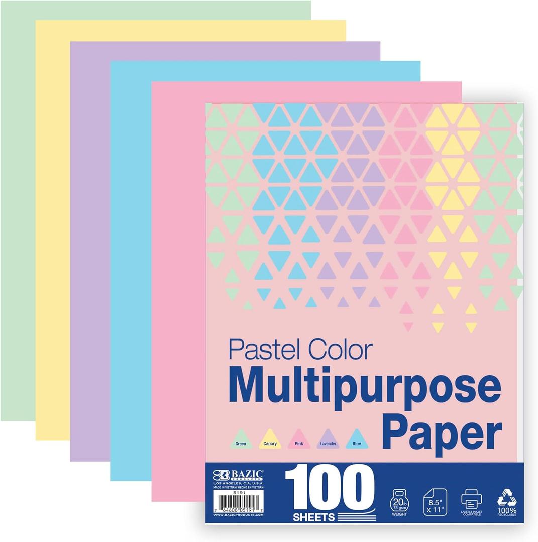 BAZIC Products Pastel Multipurpose Paper 8.5 x 11 100 Sheets Count