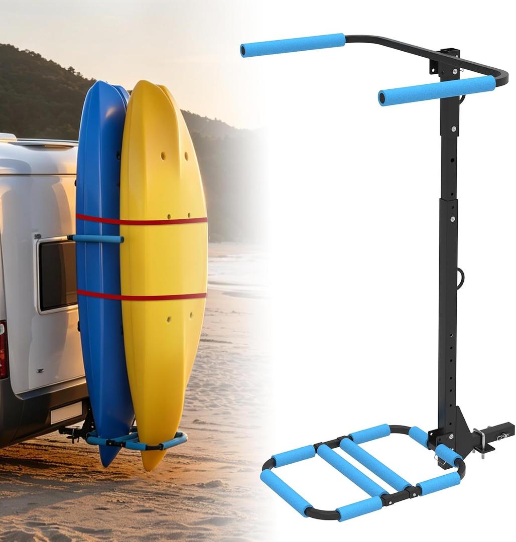 Upgraded RV Hitch Mount Kayak Rack,300 LBS Heavy Duty Vertical Carrier for 2 Kayaks up to 12 FT with Adjustable Base and Height, Fits 2" Trailer Hitch Receiver for RV, Truck and SUV