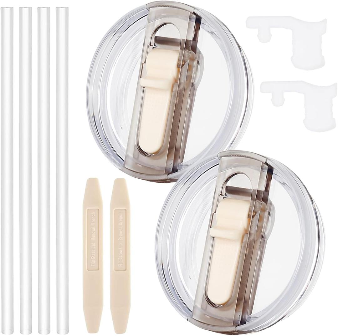 2 Pcs Spill Proof Tumbler Flip Straw Lid for Stanley Cup, 30 oz Leak Proof Lid for Stanley H2.0 Quencher ProTour, Replacement 30 oz, with Removable Nozzle (Cream+Cream)