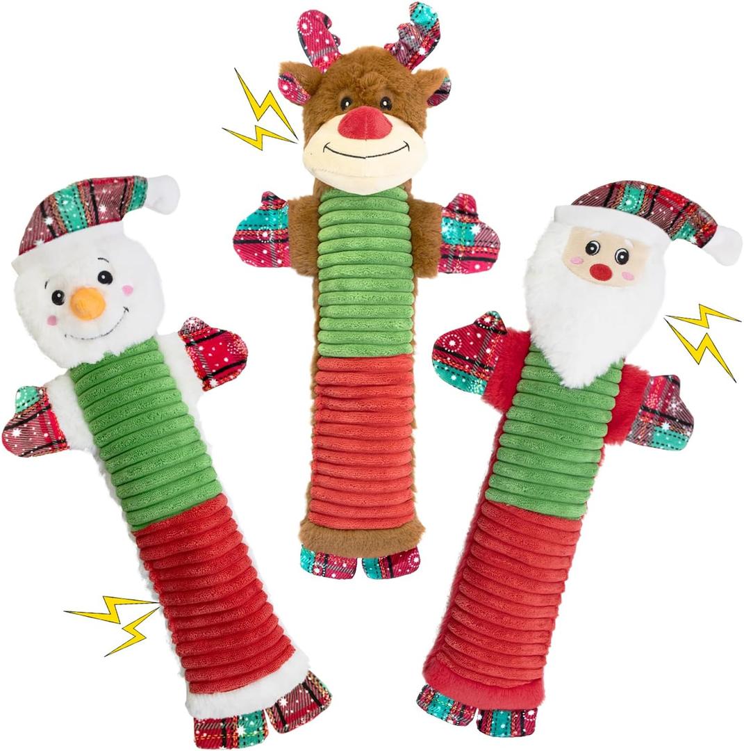 3 Pack Christmas Dog Toys, No Stuffing Squeaky Chew Toys with Squeaker and Crinkle - Santa, Reindeer and Snowman, Flat Plush Puppy Toy for Interactive Tug-of-War Play