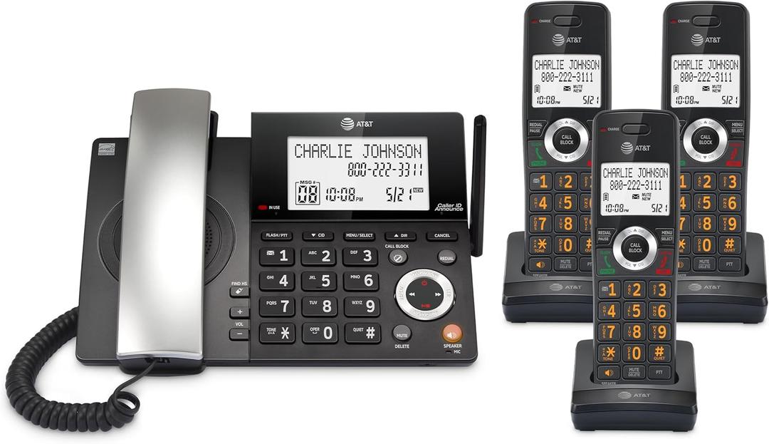 AT&T DECT 6.0 Corded/Cordless Home Phone with 3-Handset and Answering Machine, Smart Call Blocker, Caller ID, Large Backlit Display, Big Button, Speakerphone, Intercom: CL84318 (Charcoal Black)