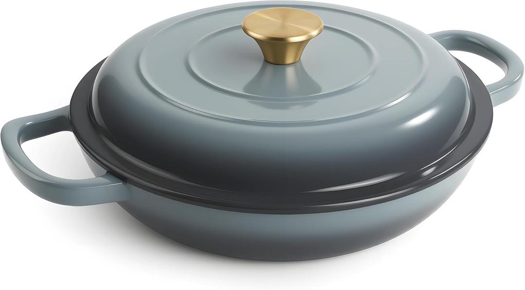 3 Quart Enameled Cast Iron Braiser, Non Stick Enameled Cast Iron Skillet with Lid, Dutch Oven Skillet with lid up to 500°F for Oven, Stove, Grill, Shallow Dutch Oven for Cook, Bake (Gray)