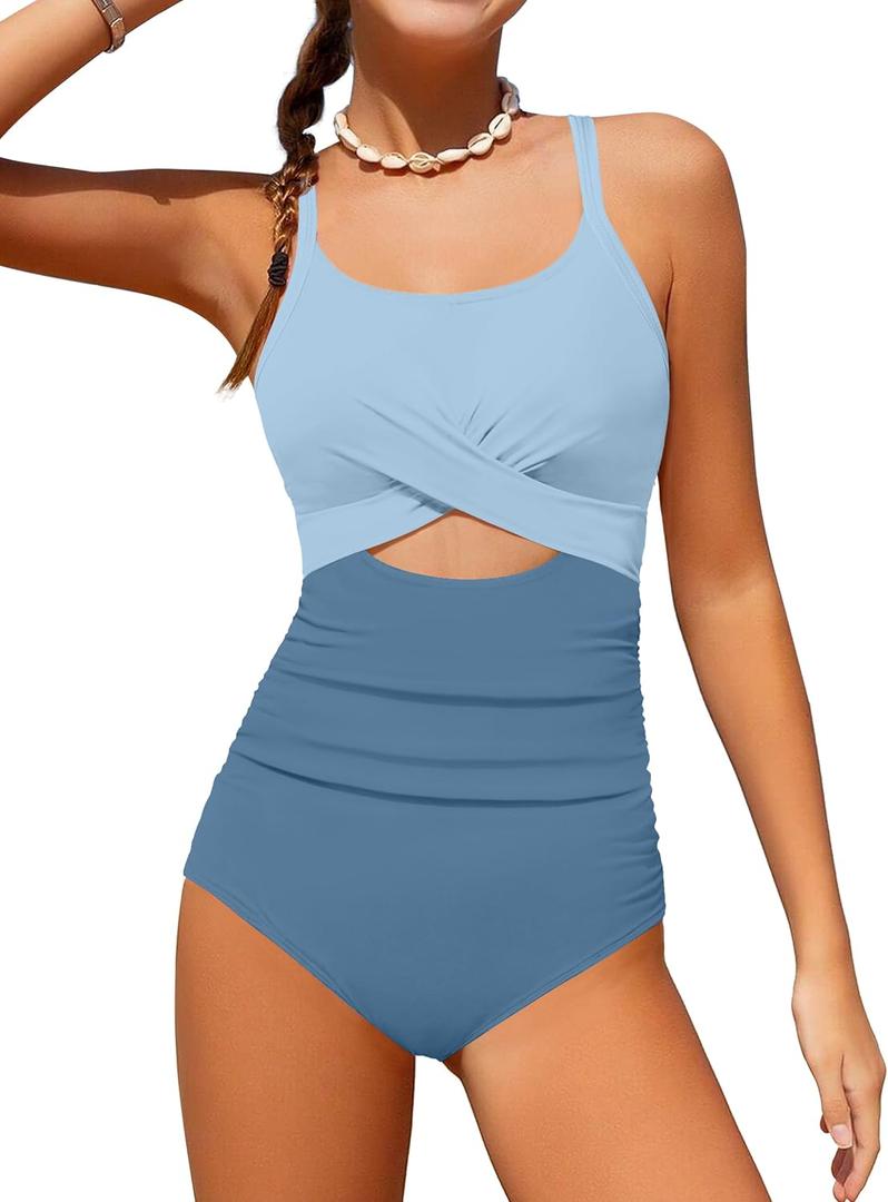 TyeSmo Girls Swimsuit Teen Swimsuits for Girls 16-18 One Piece Cutout Ruched Teen Bathing Suits for Girl 16-18 Cute V-Neck Adjustable Straps Padded Swimwear Baby Blue