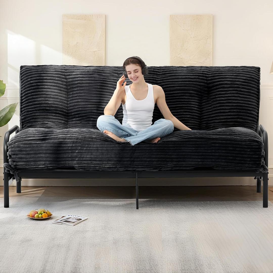 10" Futon Mattress Queen Size, Ultra Thick Futons Sofa Couch Bed Sleeper Sofa Bed, Versatile Floor Futons Japanese Floor Mattress for Adults, Black (Frame Not Included)