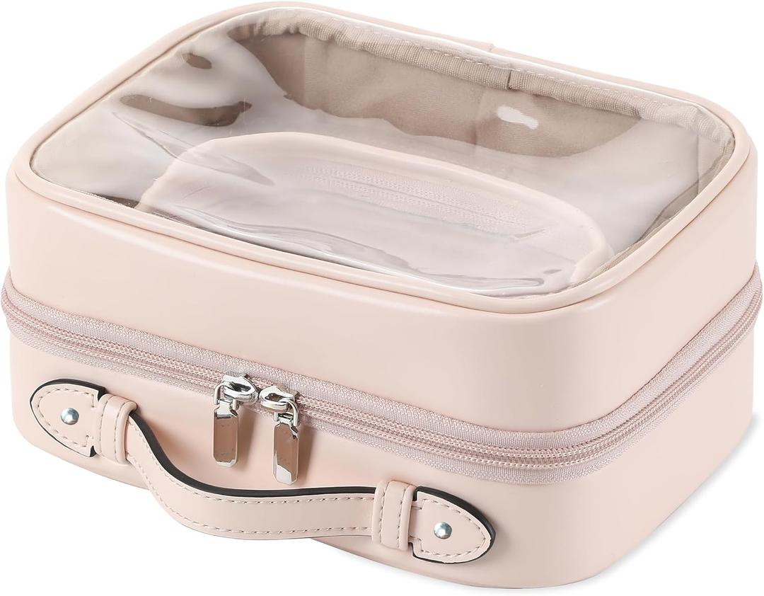 Veki Transparent Makeup Bag Travel Cosmetic Bags Case Waterproof Toiletries Bag Large Capacity Open Storage Bags Organizer With Zipper, Portable Make Up Organizer for Women and Girls (Pink)