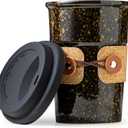 Cormomu Travel Coffee Mug, Tea Mug, Big Coffee Cups with Lids, No Spill Ceramic Tumbler, Reusable Camping Coffee Mugs for Men & Women, Microwave & Dishwasher Safe, 16.5 oz (Black with yellow dots)