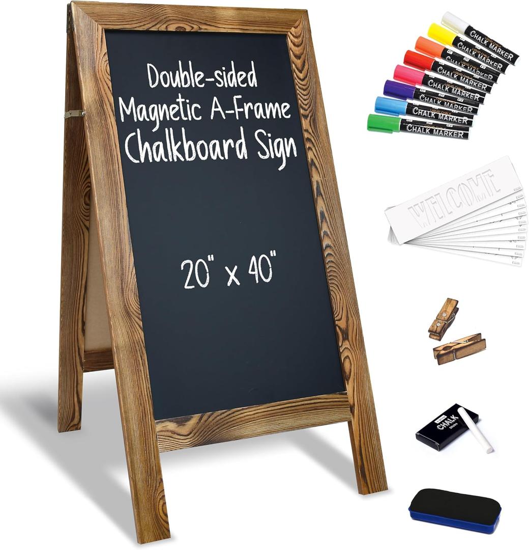 Better Office Products Magnetic A-Frame Chalkboard Sign, Extra Large 20" x 40", Standing Chalkboard Easel, Deluxe Set with Multiple Accessories, Outdoor Sidewalk Sandwich Board Sign,(Rustic Brown)