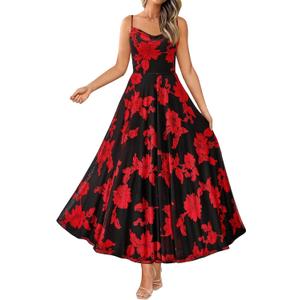 BTFBM Women Summer Floral Maxi Dresses Elegant Spaghetti Strap Dress Printed Party Dress Beach Long Dresses (Red, XL)