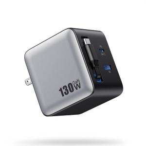 130W USB C Charger Block with Built-in Retractable Cable, Foldable Wall Plug & 2 USB Ports, GaN-IV Fast Charging Station, PD 65W Laptop Wall Charger Adapter for iPhone 17/ 16, MacBook Pro/ Air, Dell, Galaxy