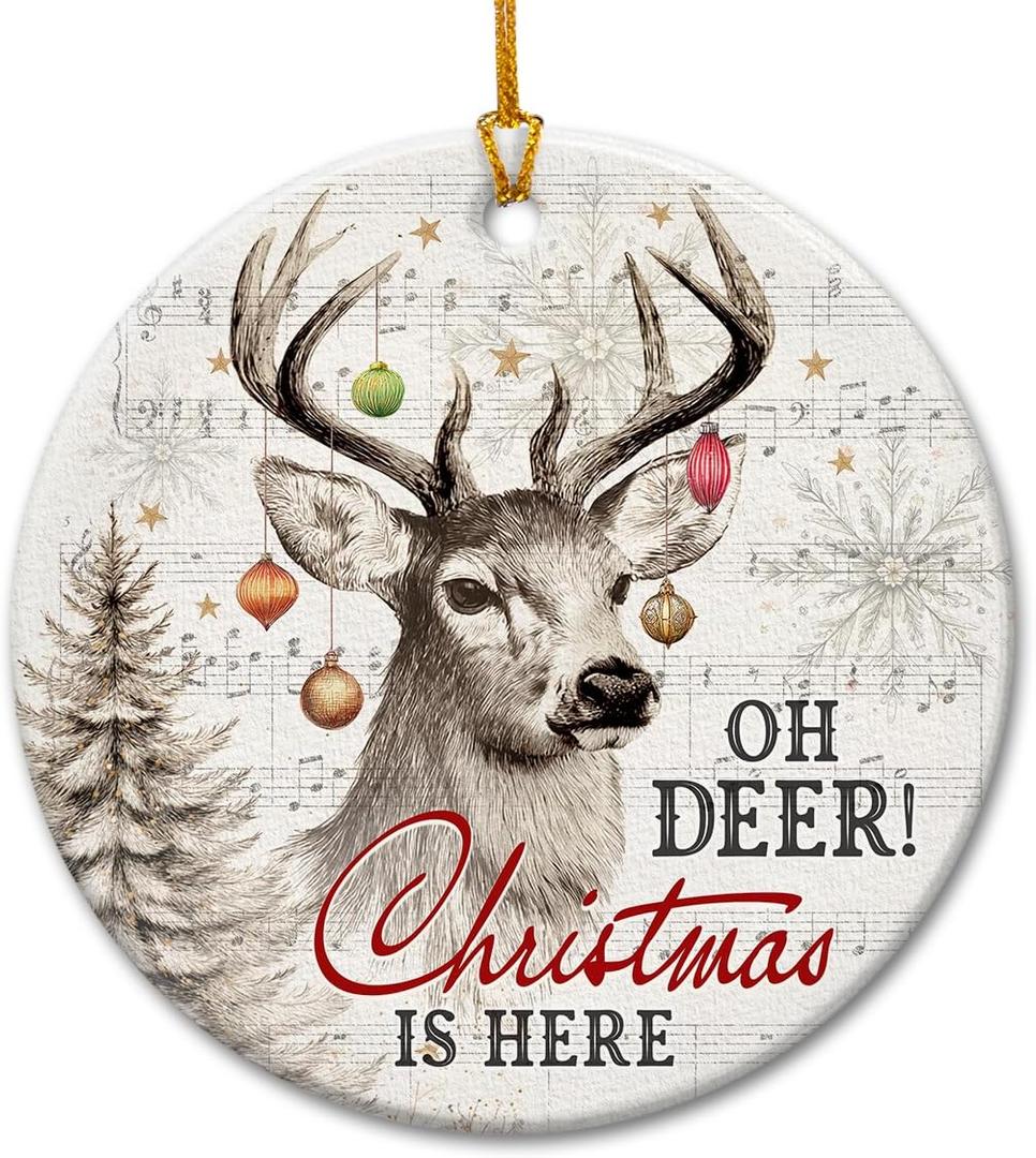2 x Deer Ornaments for Christmas Tree 2025  Deer Gifts for Men, Women, Woodland Animal Christmas Ornaments, Hunting for Lovers, Family, Friends - Ceramic Hanging Decorations