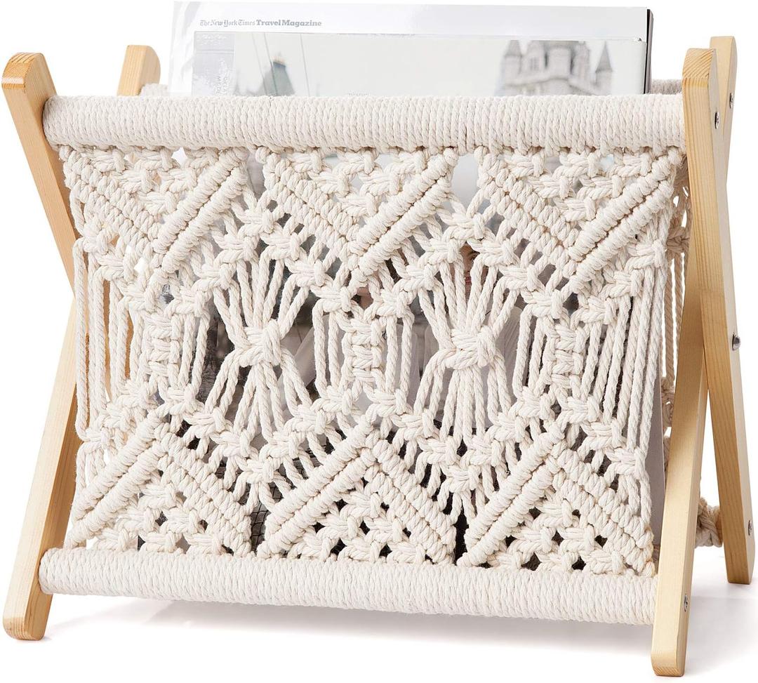 Mkono Macrame Magazine Rack Boho Storage Holder Standing Basket for Books, Newspapers, Swaddle Blanket, Dorm Essentials, Living Room, Bathroom, Office, Nursery, Home Decor, Small Size, 11.2L x 7.5W