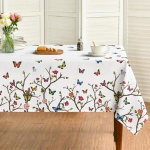 Horaldaily Spring Tablecloth 5270 Inch Rectangular, Butterfly Washable Seasonal Table Cover for Party Picnic Dinner Decor (White)
