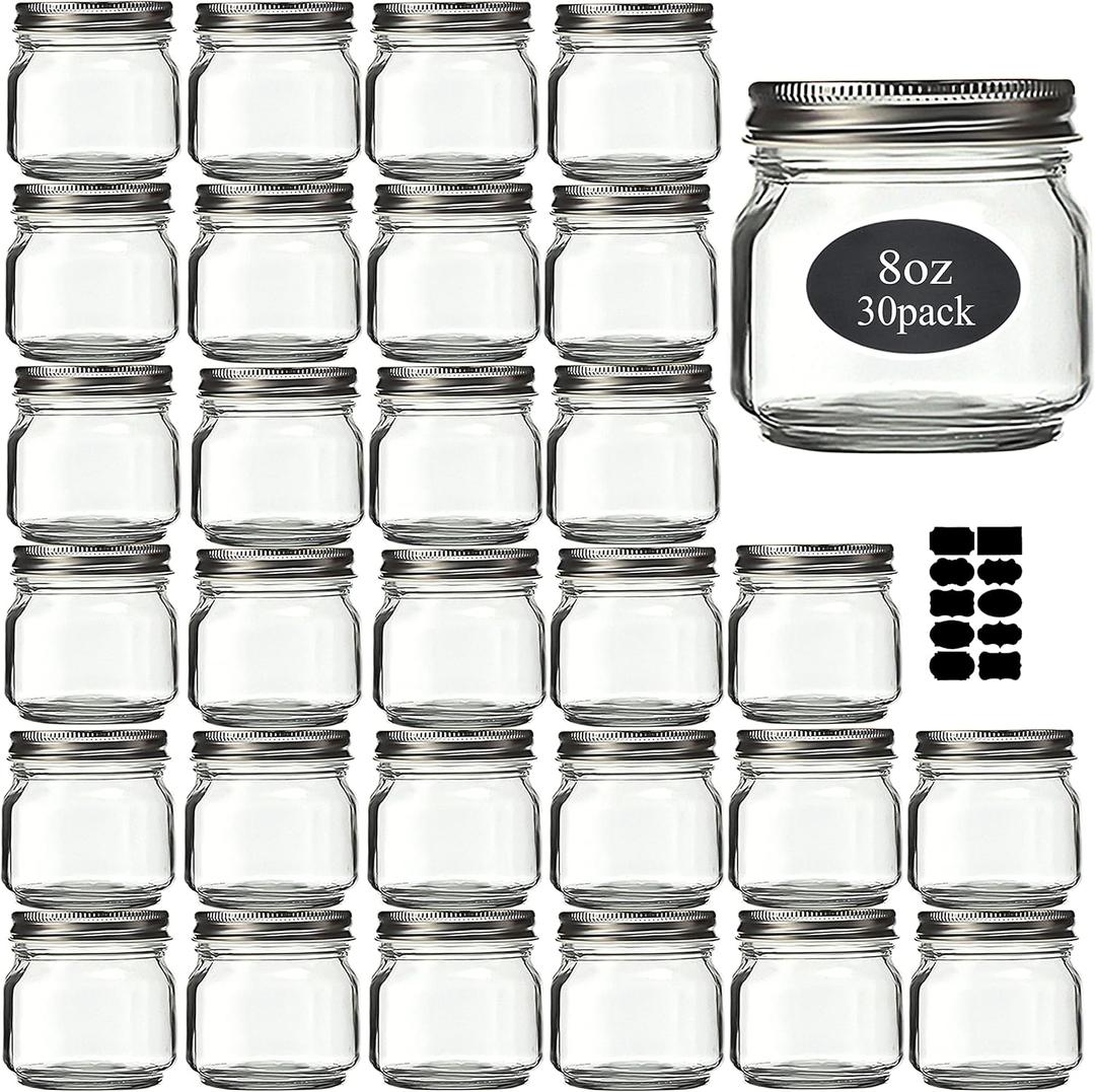 Mason Jars 8 oz 30 Pack- Small Mason Jars With Silver Lids -1/4 Quart Canning Jars| Storage Glass Jars With Lids For Jelly, Jam, Honey, Pickles - Spice Glass Jars - With 30 Chalkboard Labels