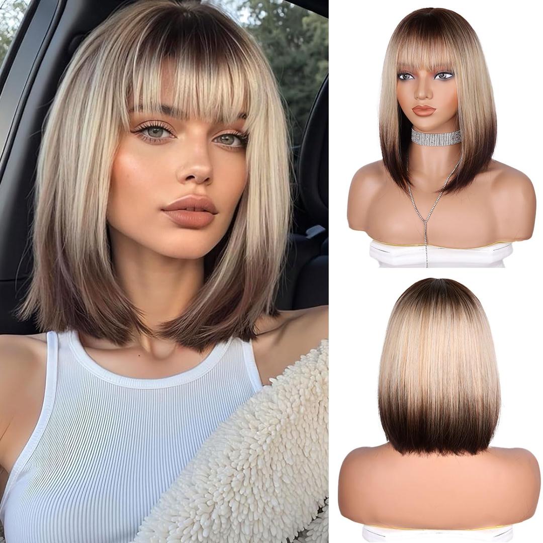 brown gradient Bob Wig With Bangs 14 Inch Short Straight Bob wig for Women Short Bob Wigs Heat Resistant Fiber Synthetic Middle Part Cosplay Costume Party Wigs