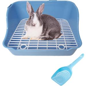 Hamiledyi Guinea Pig Potty Training Small Animal Litter Box Ferret Litter Box Bunny Plastic Square Cage Toilet with Grate(Blue)