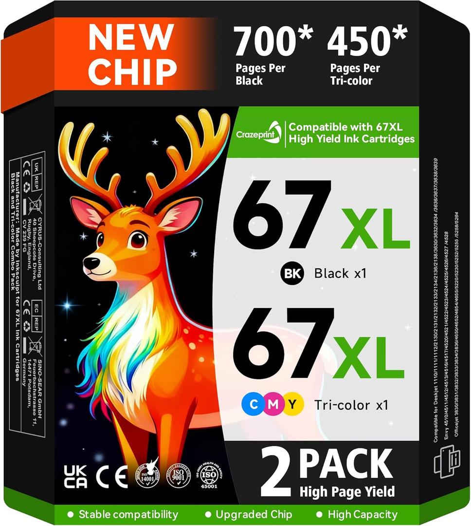 67XL Compatible for HP 67 Ink Cartridges Black/Color Combo Pack Works with HP Deskjet 2800e 2855e 2700 2700e 2755 2755e 2852e 4255e 2827e 4100e 4155e Envy 6000 6055e 6455e Printer (2-Pack)