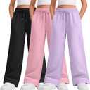 3 Packs Teen Girls Sweatpants Wide Leg Drawstring Baggy Pants Straight Leg Athletic Trousers with Pockets Size 5-14 (5-6 Years, Light Purple, Pink, Black)