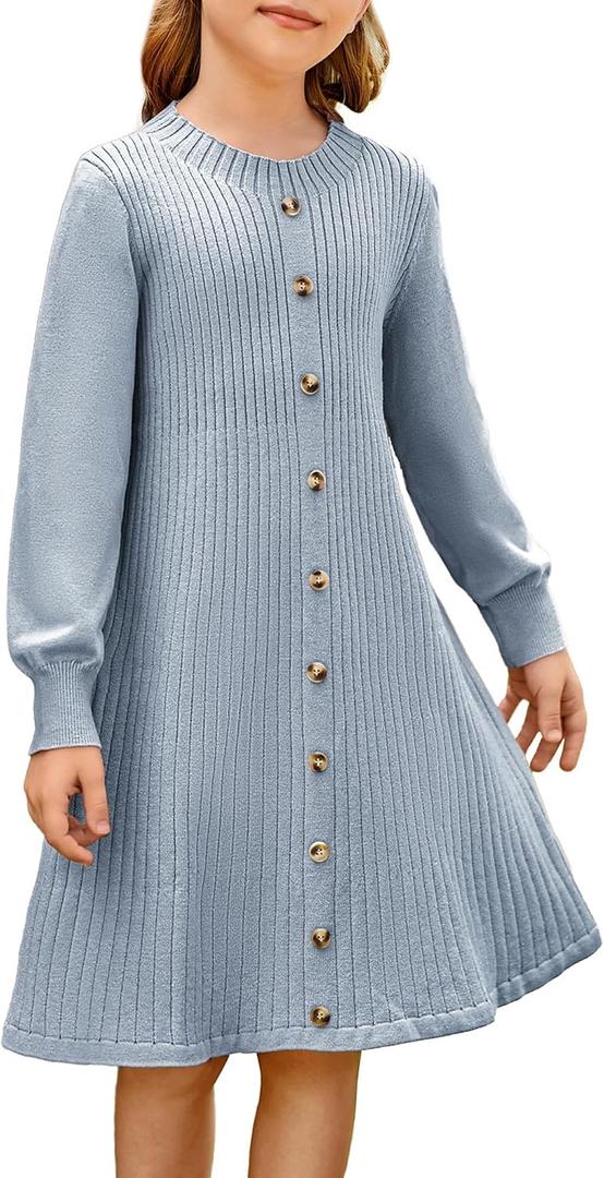 GRACE KARIN Girls Fall Sweater Dresses, Girl Long Sleeve Winter Dress, Kids Knit Casual Formal Dresses Size 6-14 (Blue)