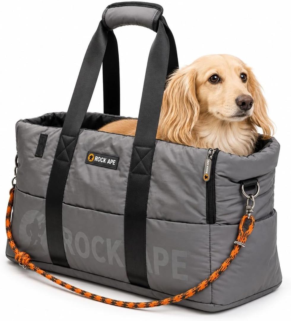 ROCK APE Water-Resistant Pet Carrier Tote, 280D Taslan Soft-Sided Travel Bag for Small Dogs & Cats, Lightweight Dog Purse with Padded Mat & Safety Leash (Grey)