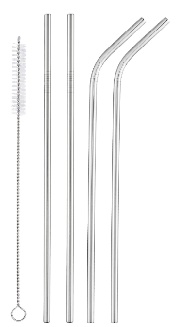 4 Reusable Metal Straws 8.75 inch 5 Piece Set with Silicone, Teal, Light Green, Purple, Pink