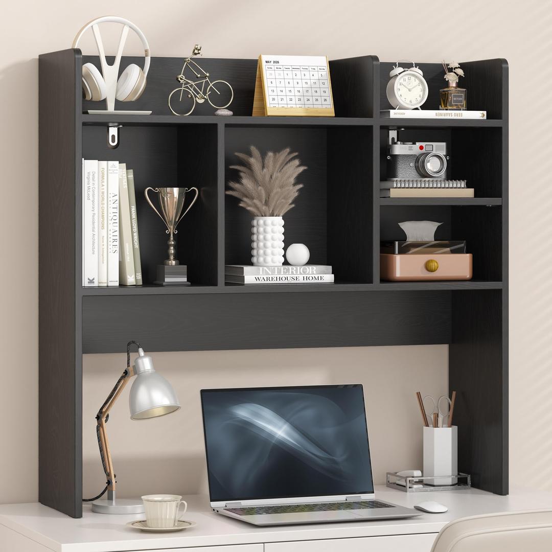 Desk Hutch with 6 Shelves, Desktop Organizer Shelf for Office Dorm, Black