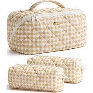 Travel Makeup Bag, 3 Pcs Large Capacity Puffy Toiletry Bag for Women, Open Flat Make up Cosmetic Organizer w/Handle & Clear Divider Water-resistant Portable Pouch Travel Essentials, L-Beige Plaid