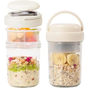 2 Pack Overnight Oats Containers with Lids and Handles, Folding Spoons & Divided Compartments for Fruit & Nuts, 16oz Mason Jars for Oatmeal Yogurt Container Chia Pudding Jars with lids (Cream 2pcs)