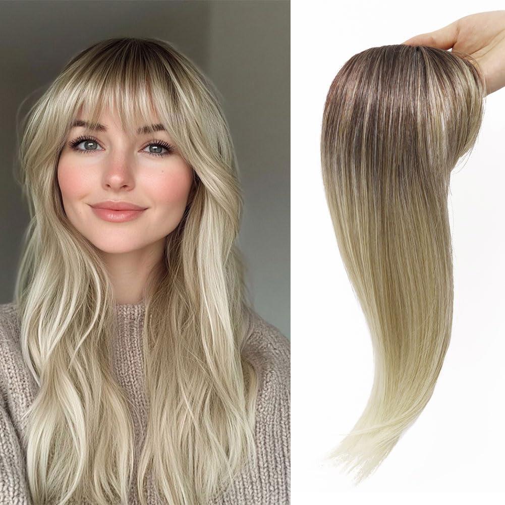 LOSMOEER Ombre Mix Blonde with Dark Root to Blonde Hair Toppers for Women, 360 3D Cover Clip in Bangs with Topper 18 Inch Hair Pieces for Women